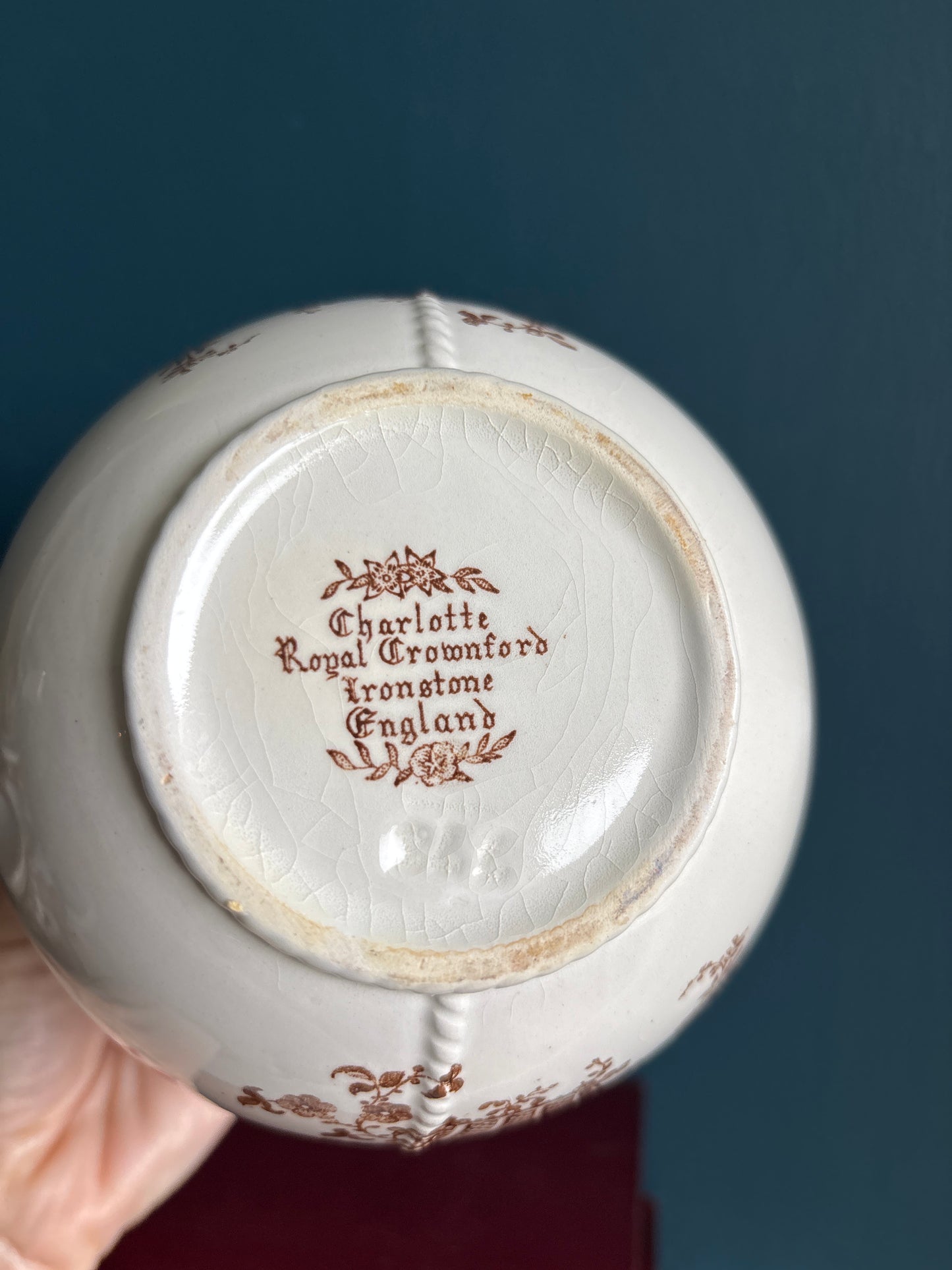 English Ironstone Royal Crownford Brown Transferware Pitcher