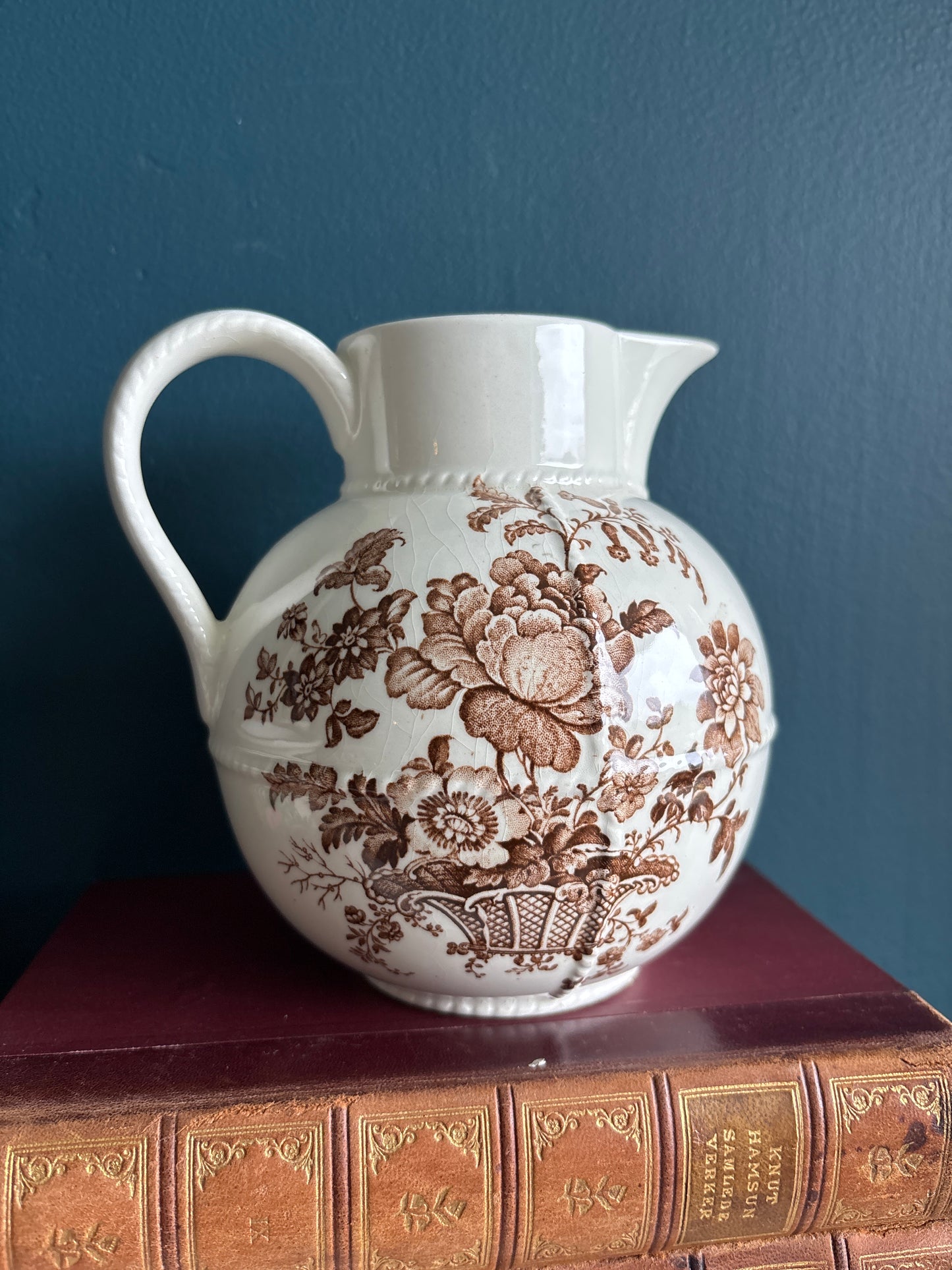English Ironstone Royal Crownford Brown Transferware Pitcher
