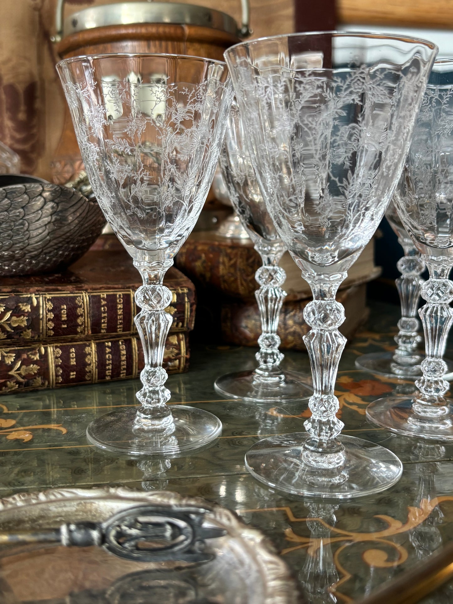 Fostoria Crystal Fluted Stemware Claret Glasses Chintz Pattern