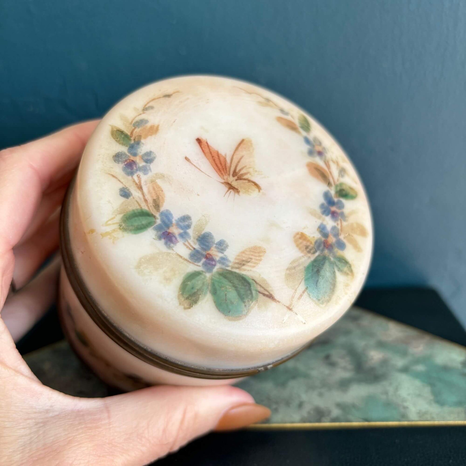 Antique Opaline Glass Blush Pink Hand Painted Butterfly Box image 1