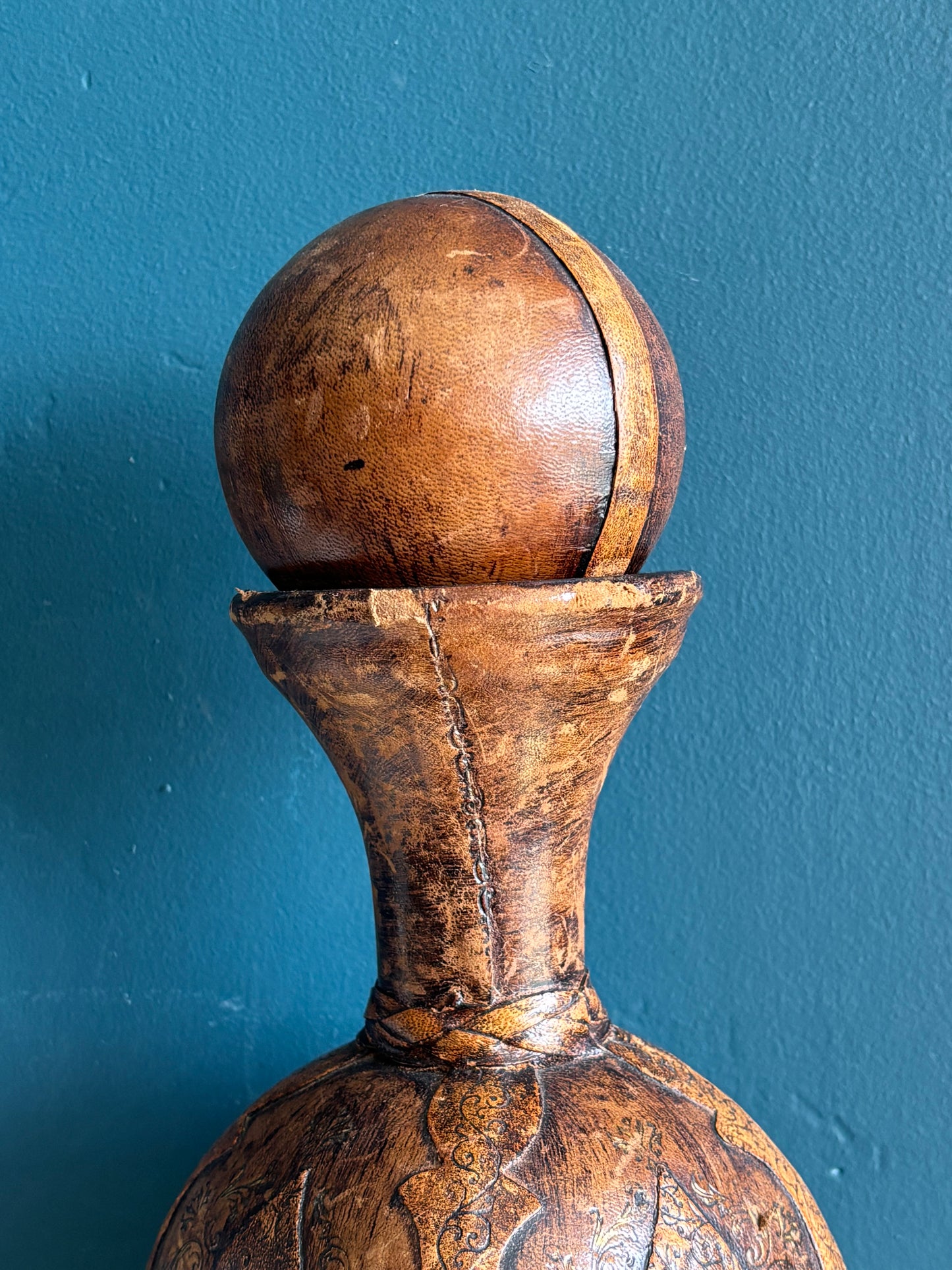 Vintage Italian Leather Wrapped Glass Bottle Old World Charm