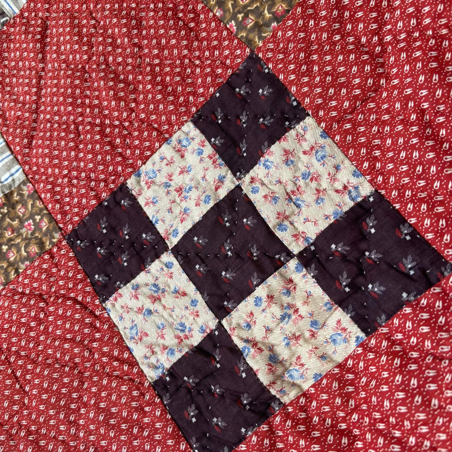 Antique On Point Nine Patch Handmade Quilt 1890's image 1