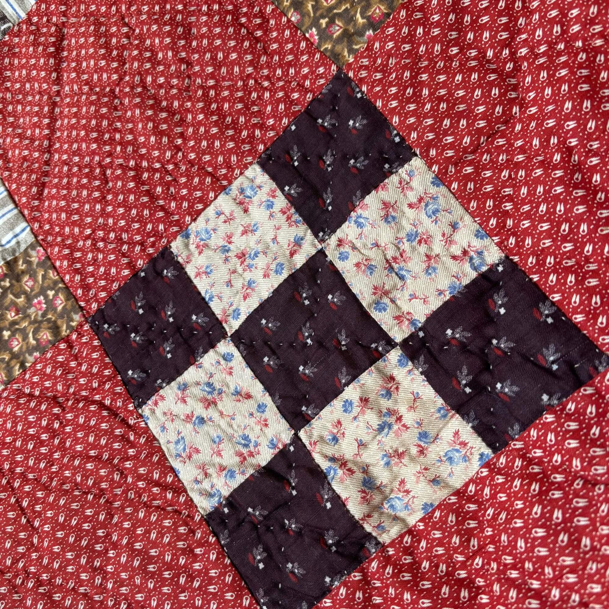 Antique On Point Nine Patch Handmade Quilt 1890's image 1