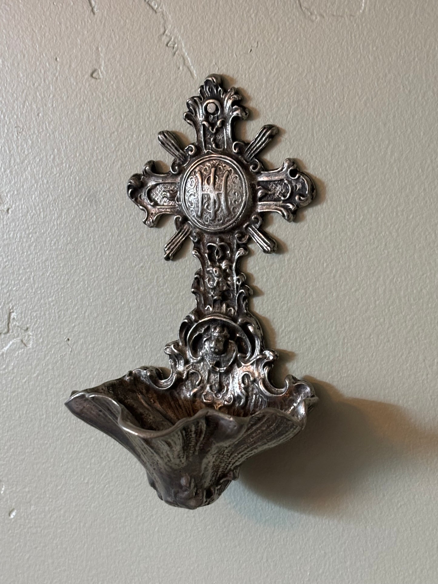 Vintage Pewter Holy Water Font Rococo Style