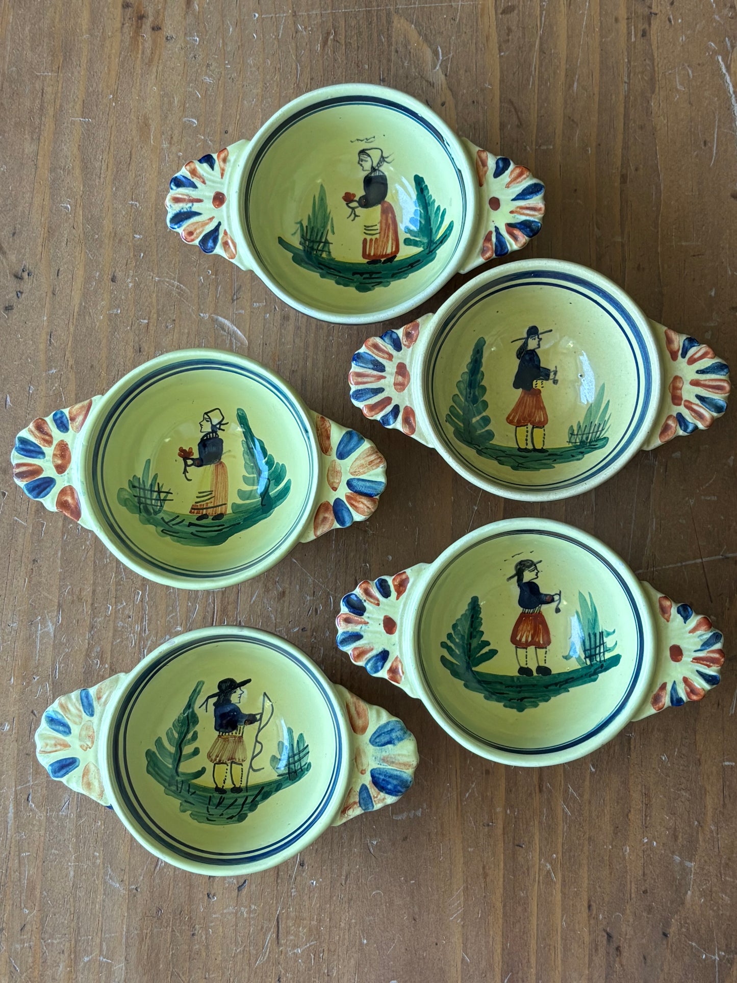 Vintage Hand Painted French Faience Quimper Lug Handled Bowl
