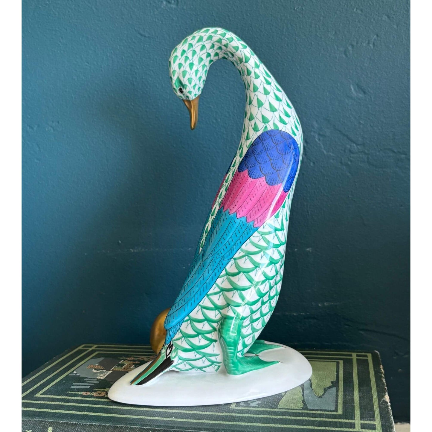 Large Herend Green Fishnet Goose figurine with Golden Egg 7.5" image 2