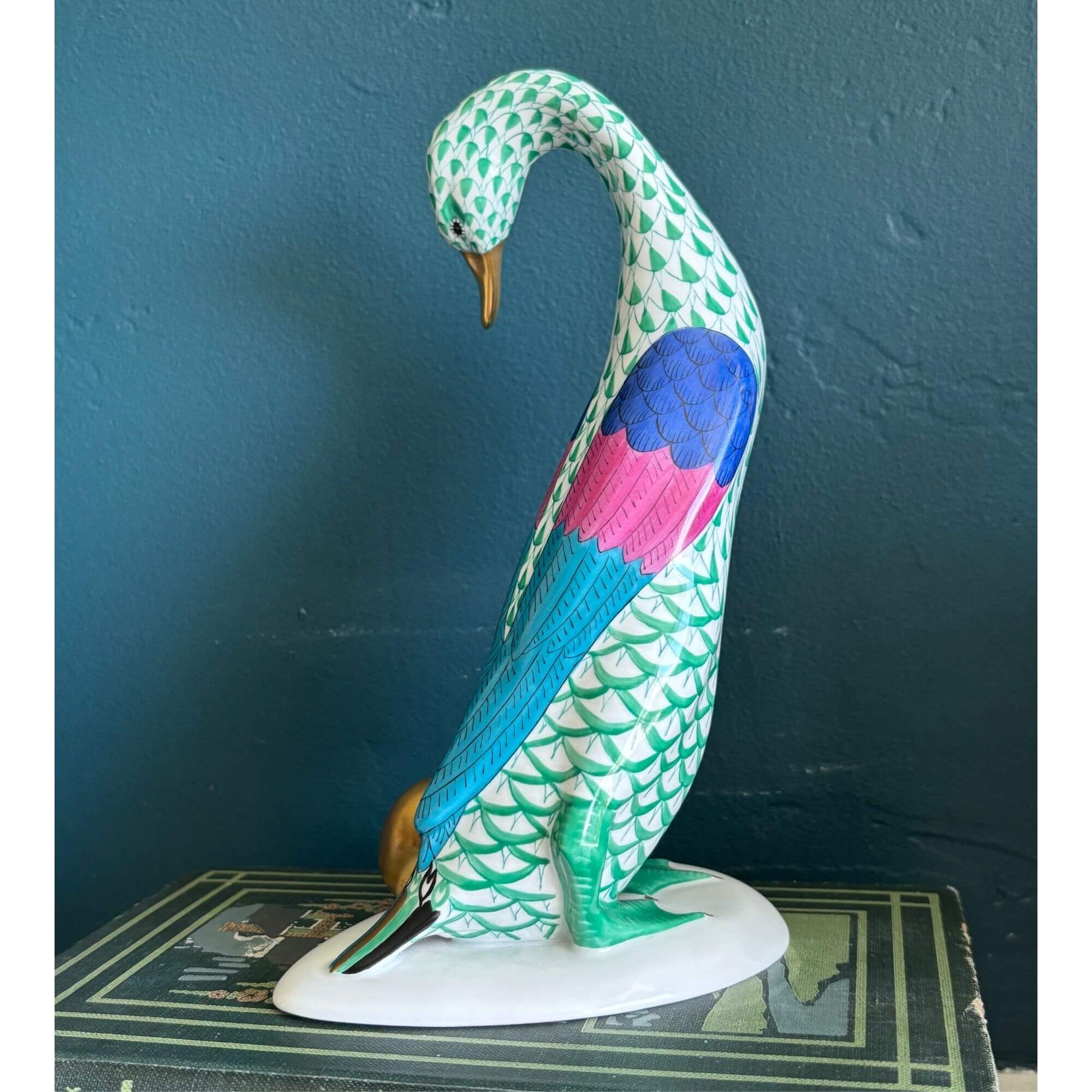 Large Herend Green Fishnet Goose figurine with Golden Egg 7.5" image 2