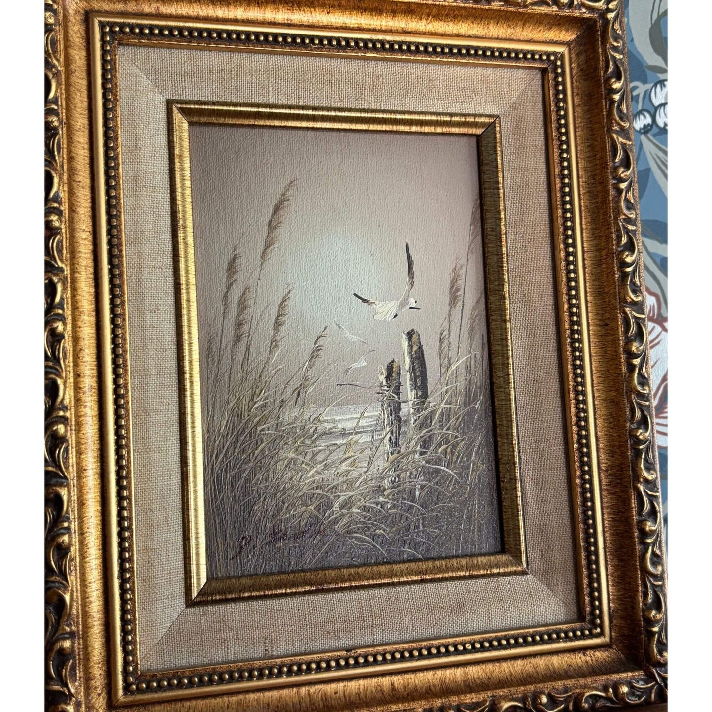 Vintage Coastal Seagull Beach Painting Gold Frame image 1