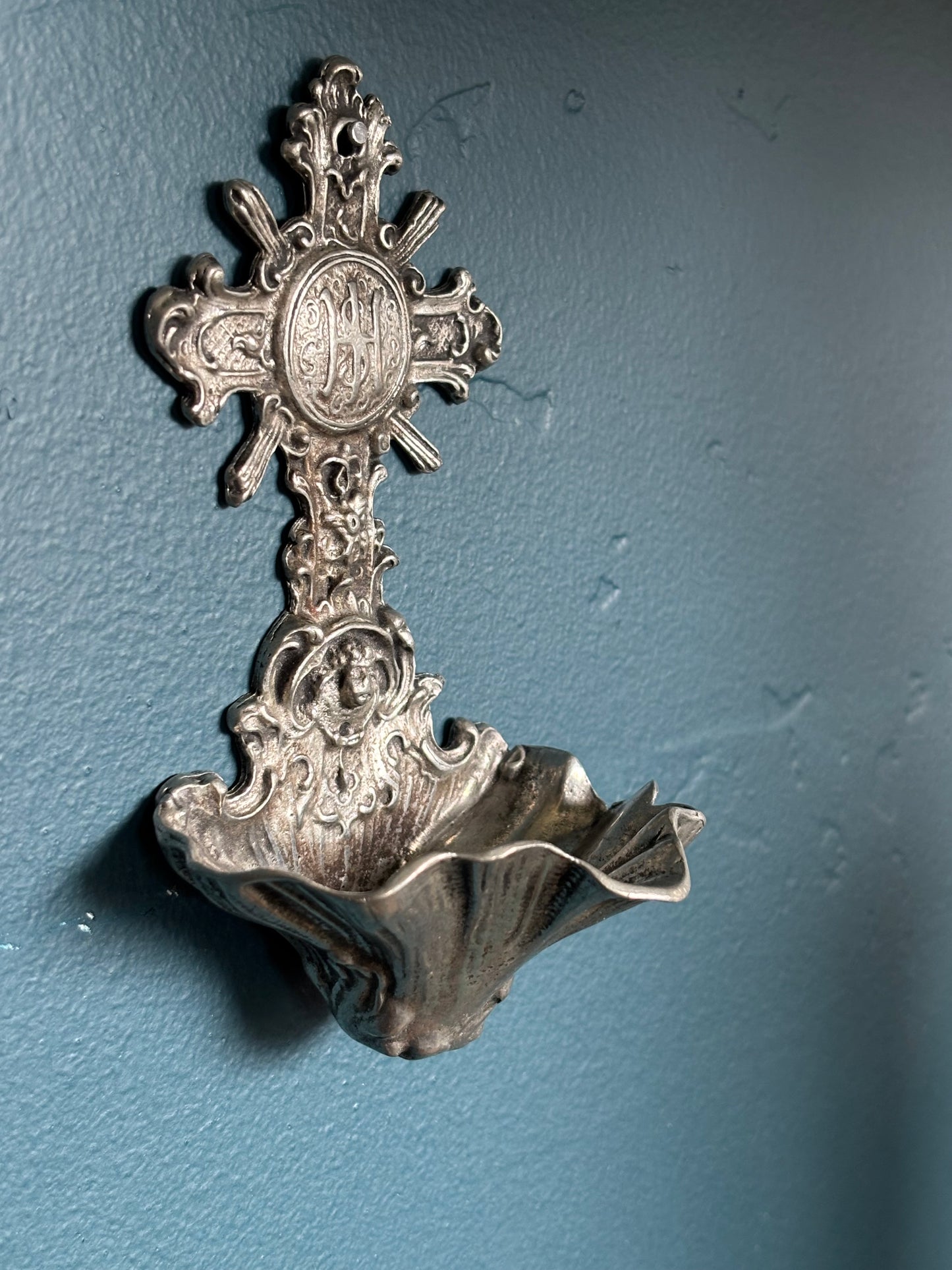 Vintage Pewter Holy Water Font Rococo Style