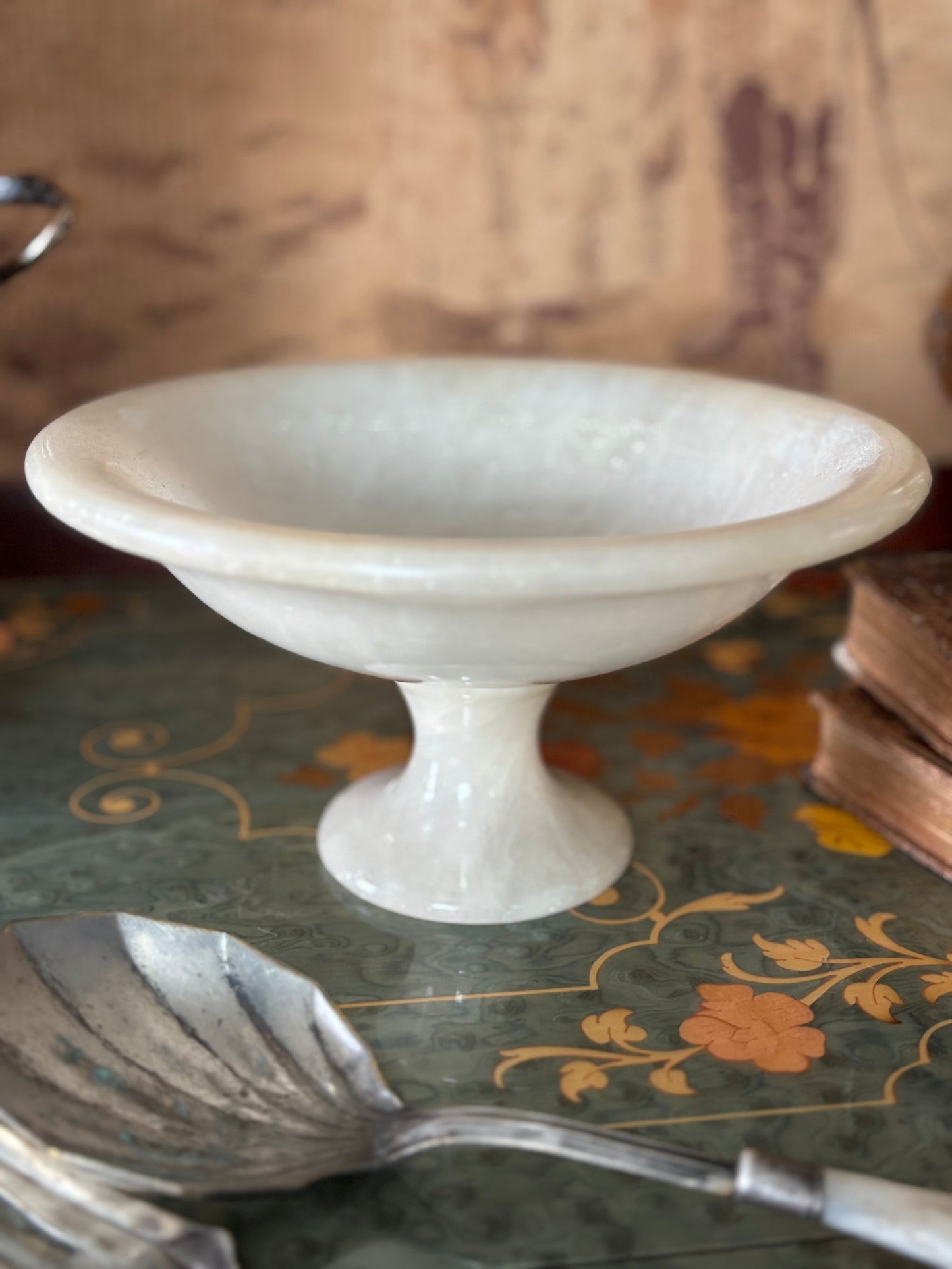 Vintage Alabaster Compote 8" Tazza Pedestal Bowl