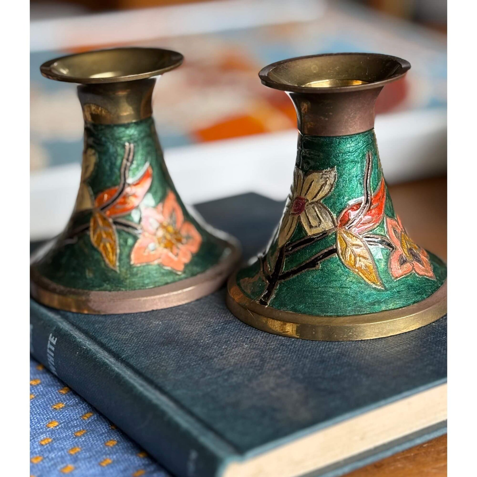 Vintage Green/Teal Cloisonné Floral Candlesticks image 0