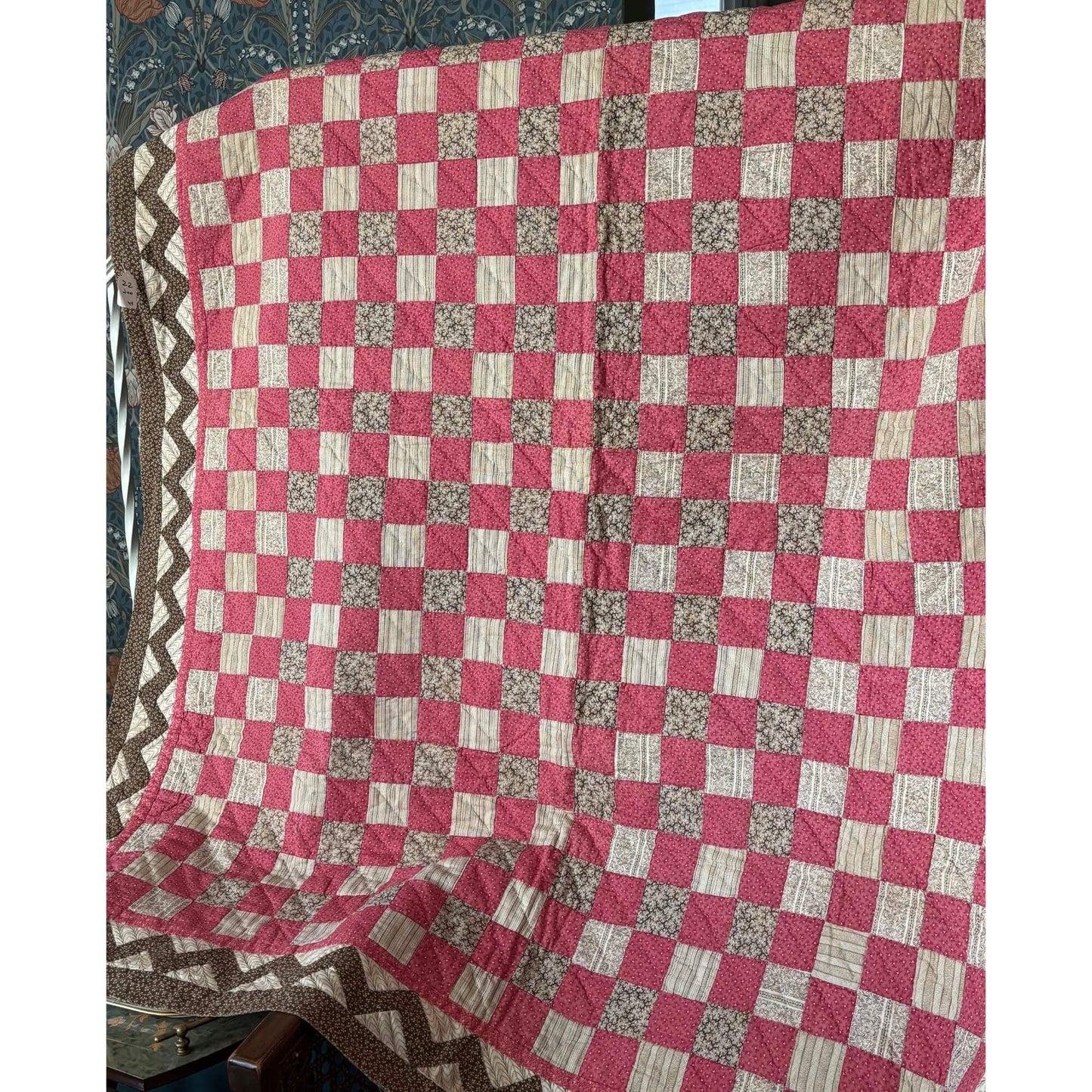 Antique Checkerboard Zig Zag Border Handmade Quilt image 0