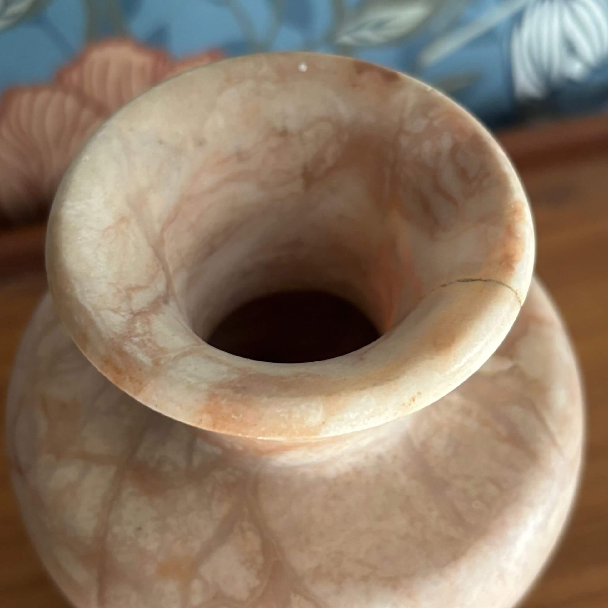 Vintage Soft Beige/Pink Alabaster Vase w/ Wooden Riser image 1