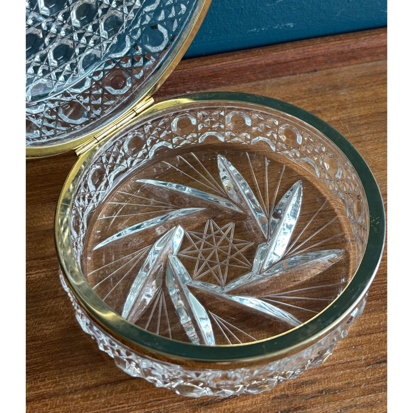 Vintage Jewelry Casket Button & Pinwheel Cut Glass w/ brass image 4