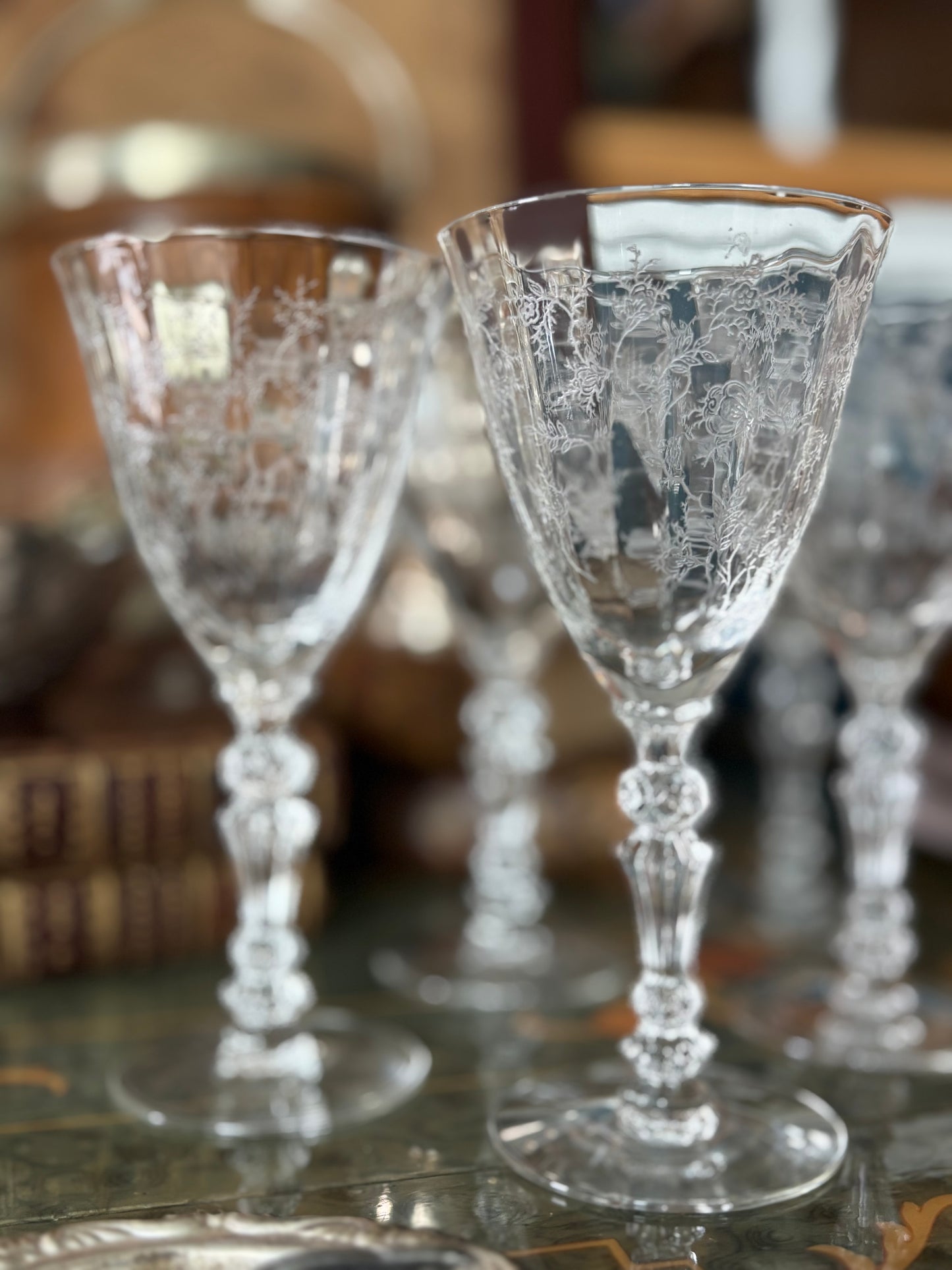 Fostoria Crystal Fluted Stemware Claret Glasses Chintz Pattern