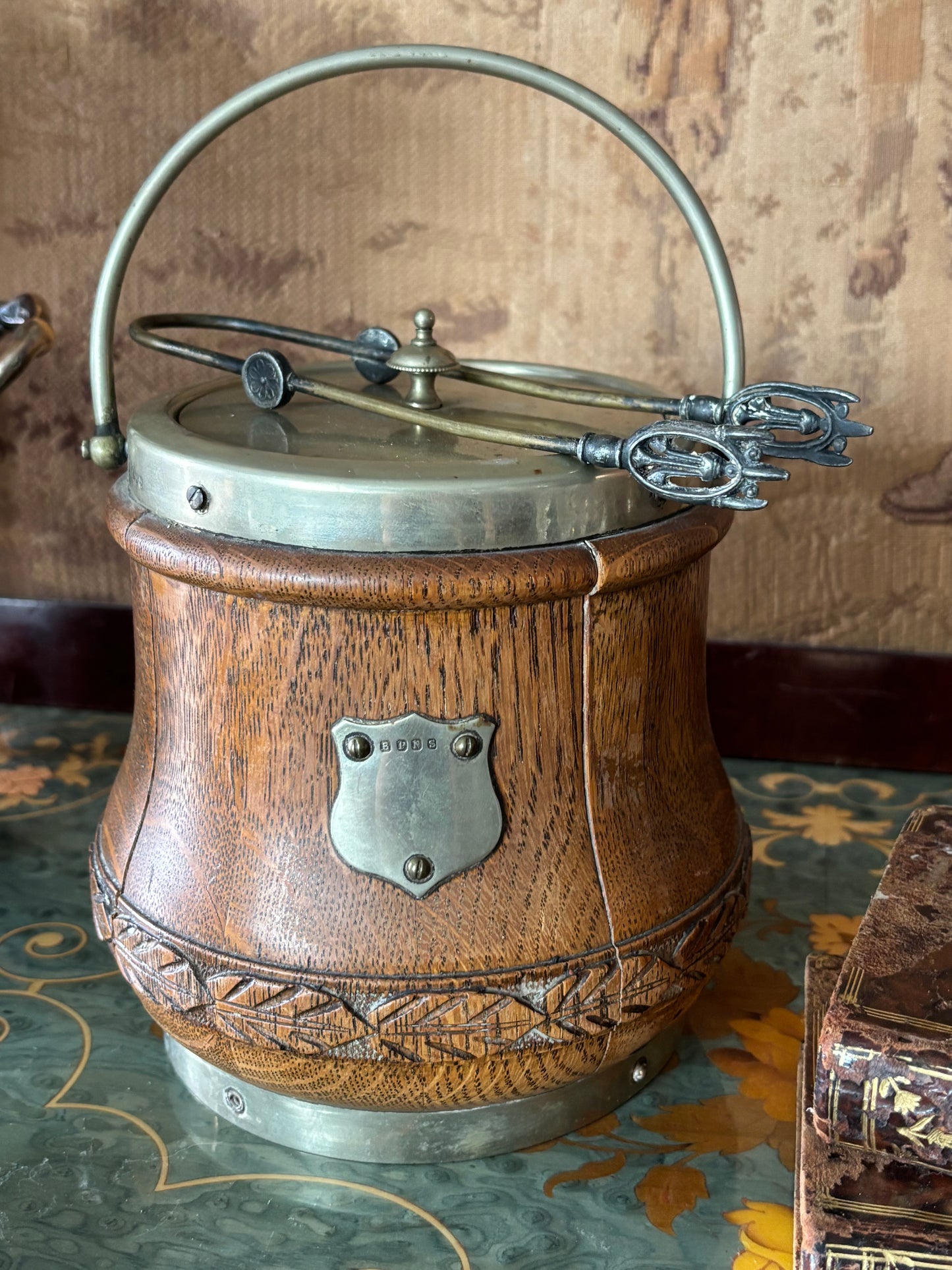 English Oak Silver Biscuit Barrel Ice Bucket