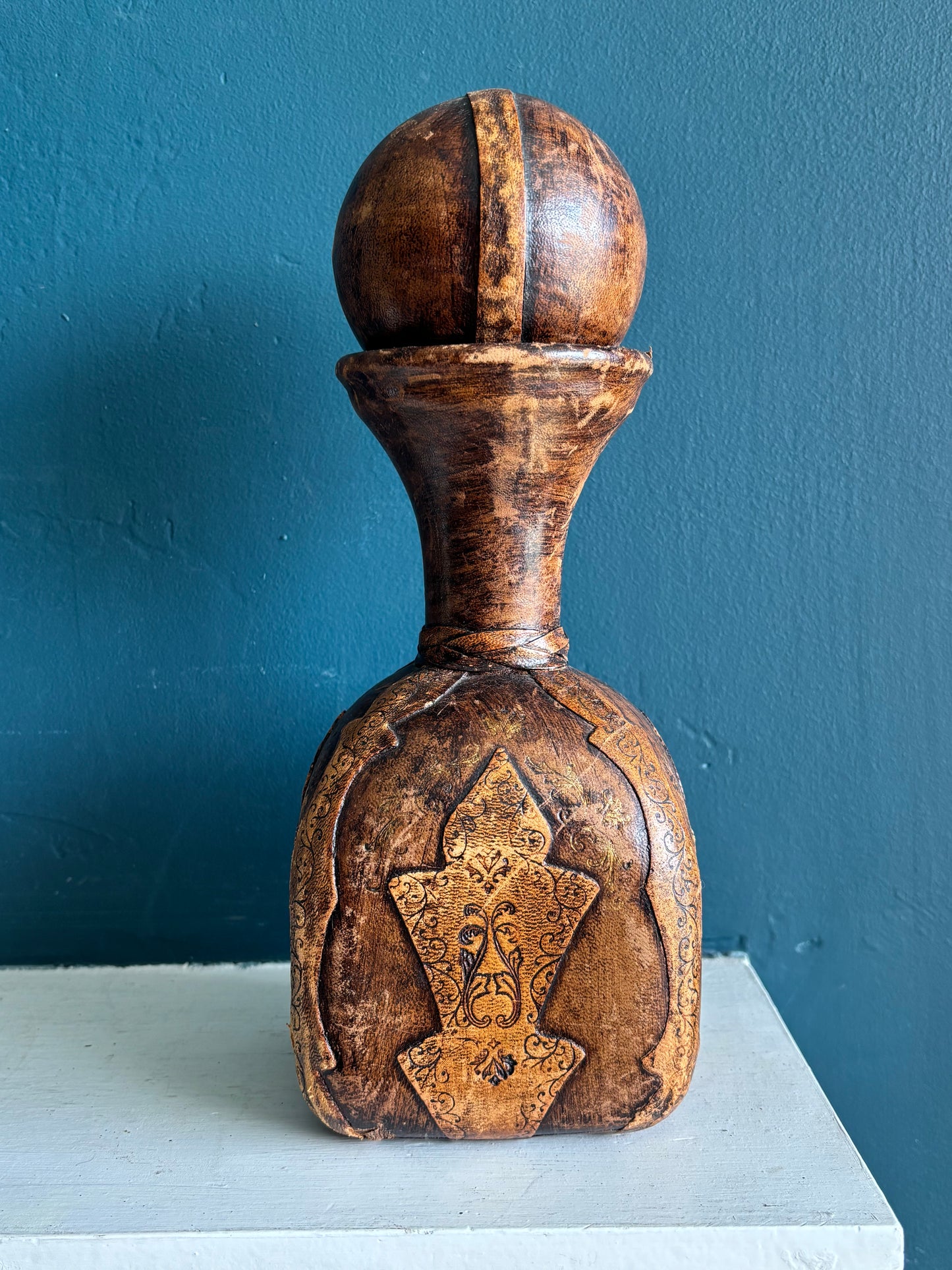 Vintage Italian Leather Wrapped Glass Bottle Old World Charm