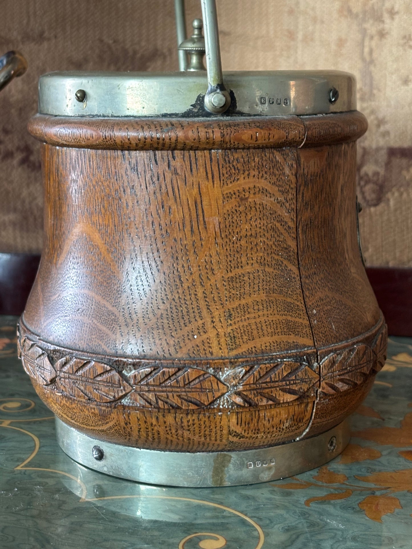 English Oak Silver Biscuit Barrel Ice Bucket