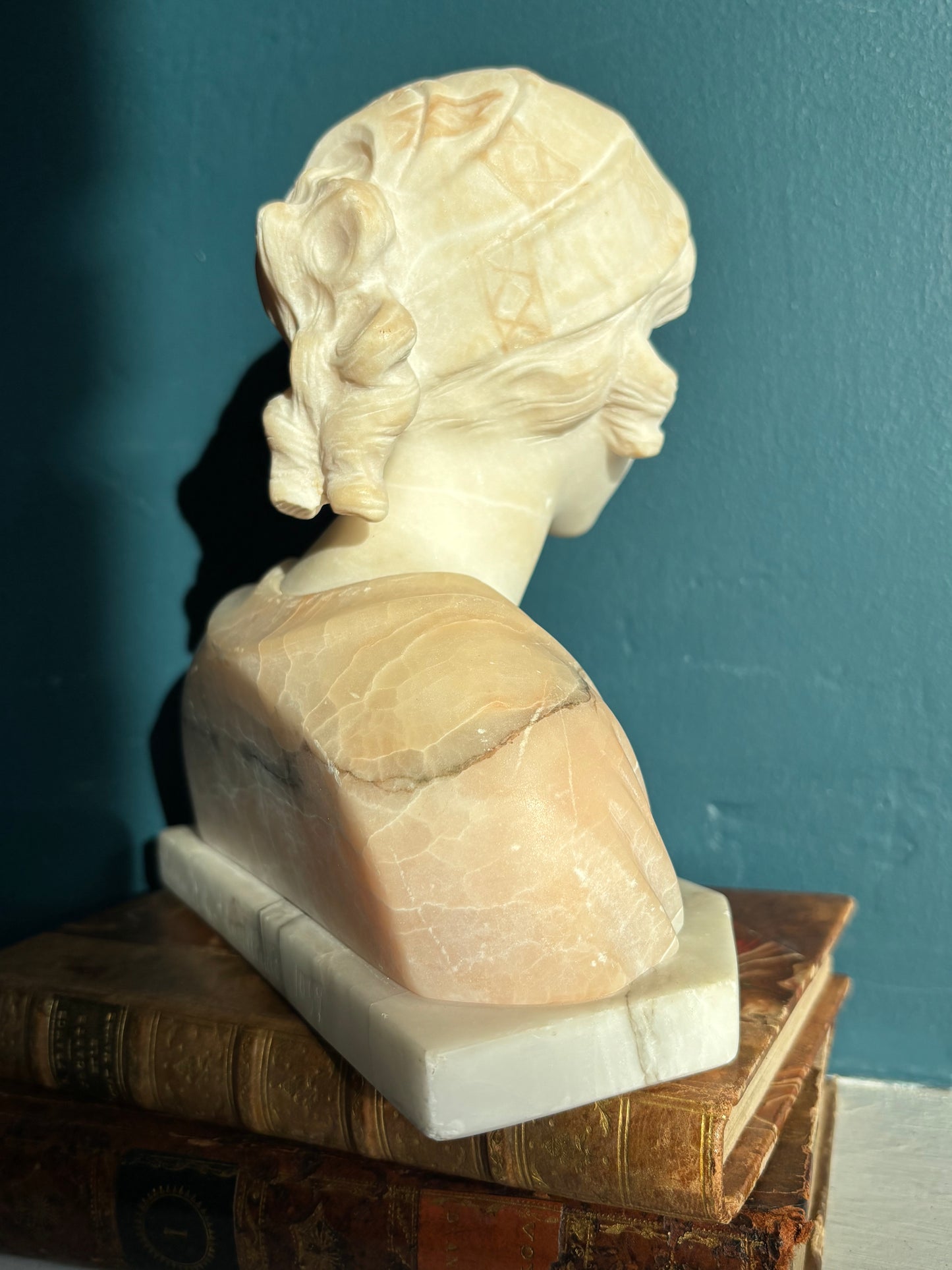Vintage Signed Italian Carved Alabaster Female Bust Pink & White Sculpture