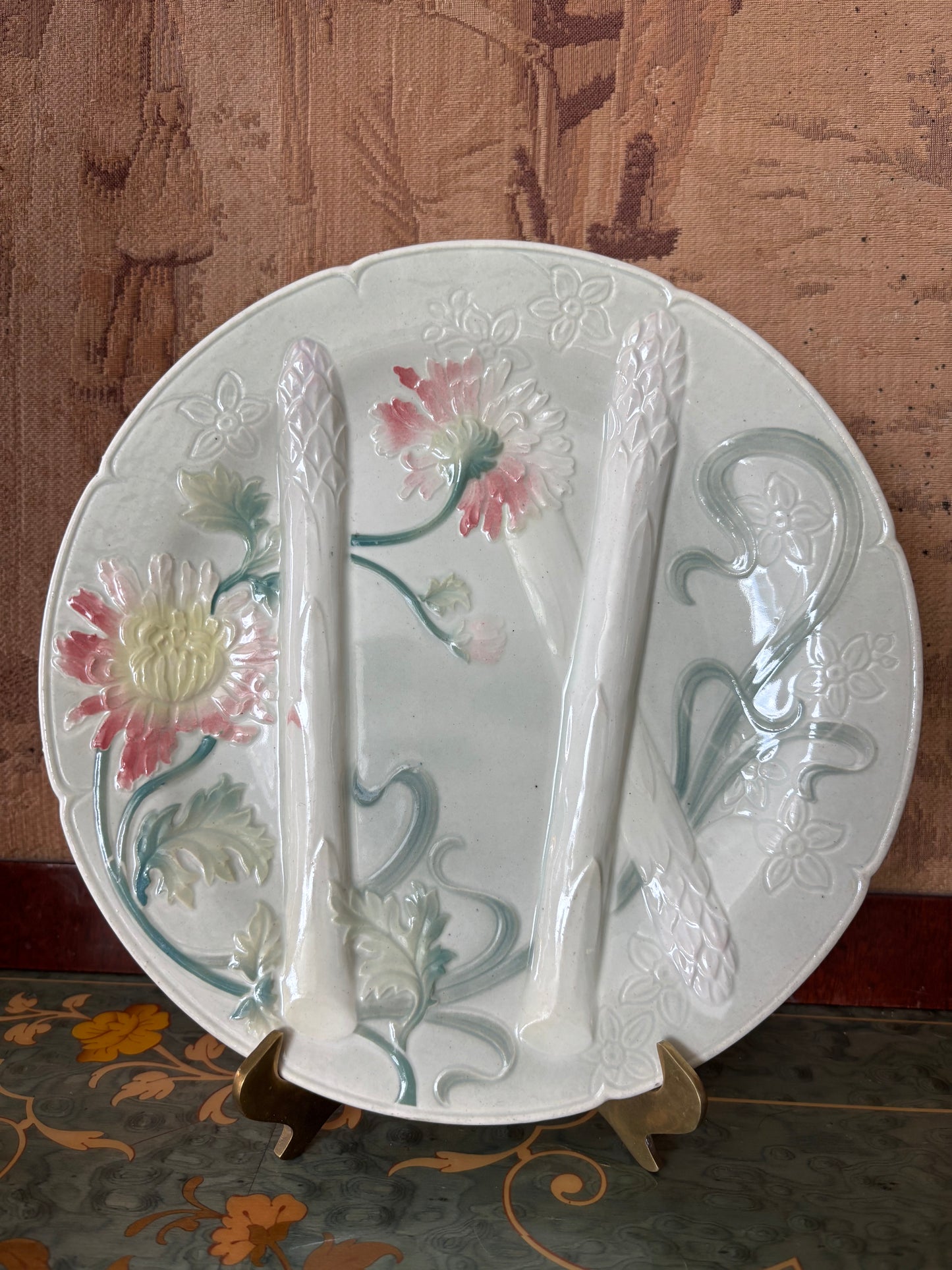 Antique French St Clement Majolica Asparagus Plate