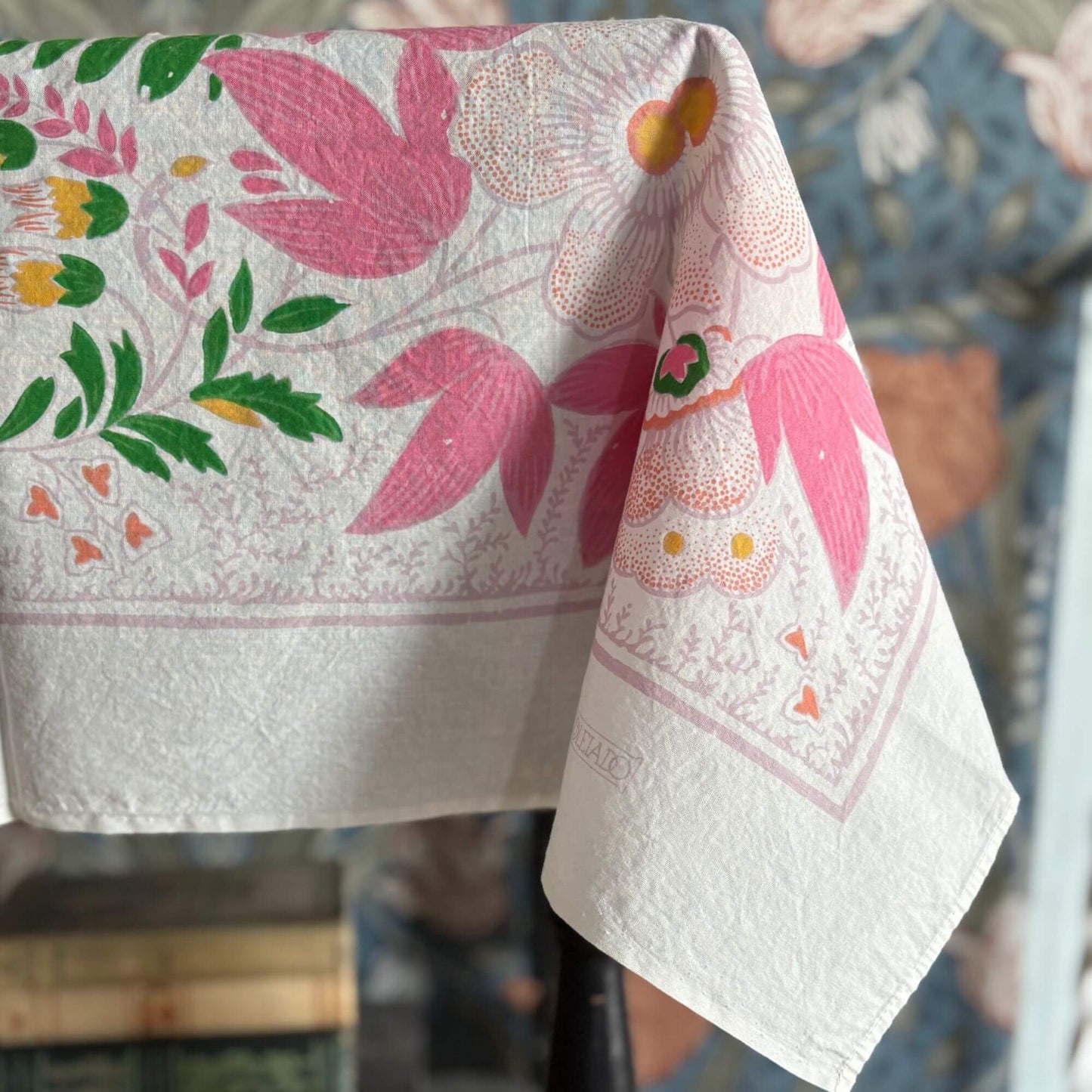 Vintage French Pink Floral Cotton Square Tablecloth by Souleiado 33" x 33" image 0