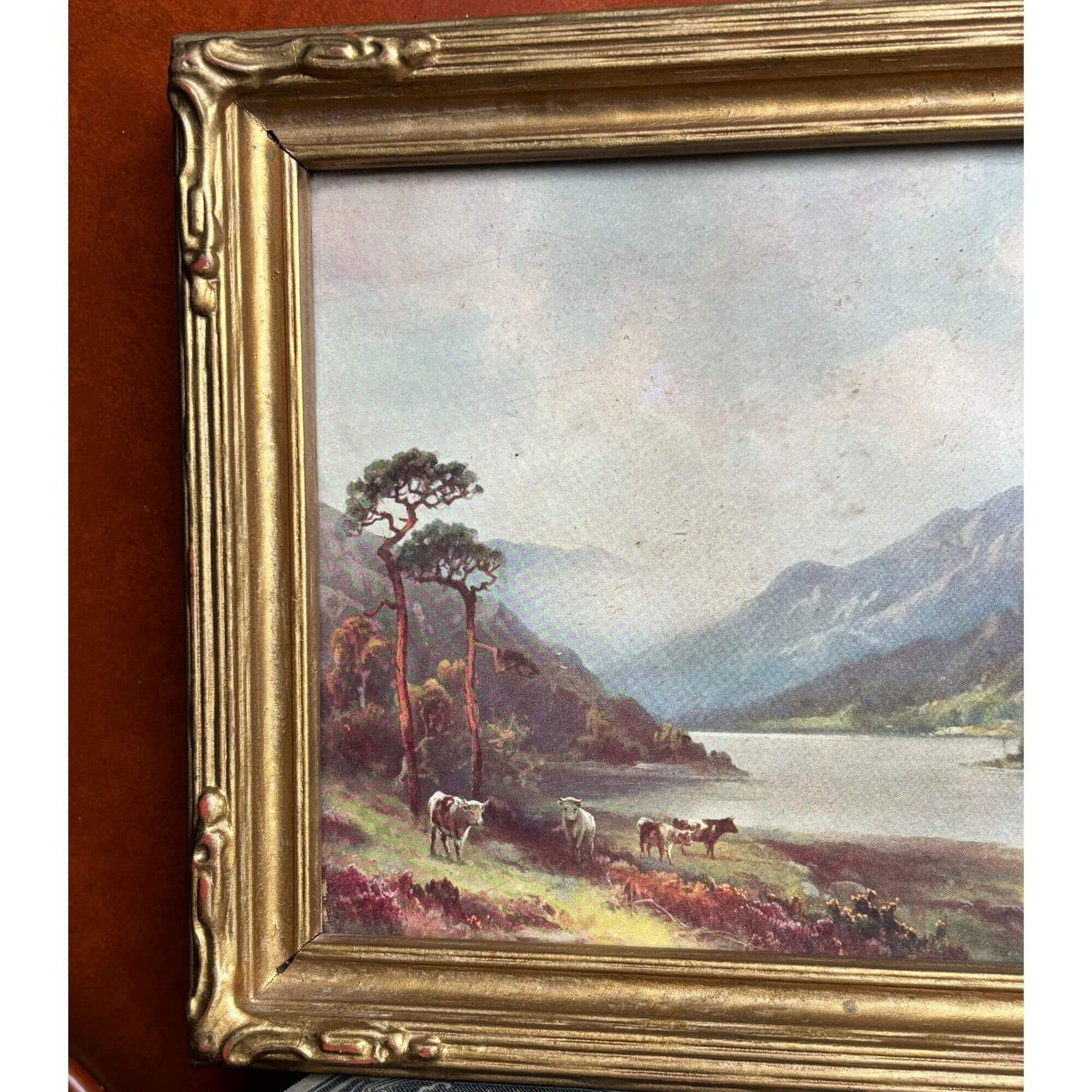 Vintage Pastoral Print with Gilded Frame Cows & River image 1