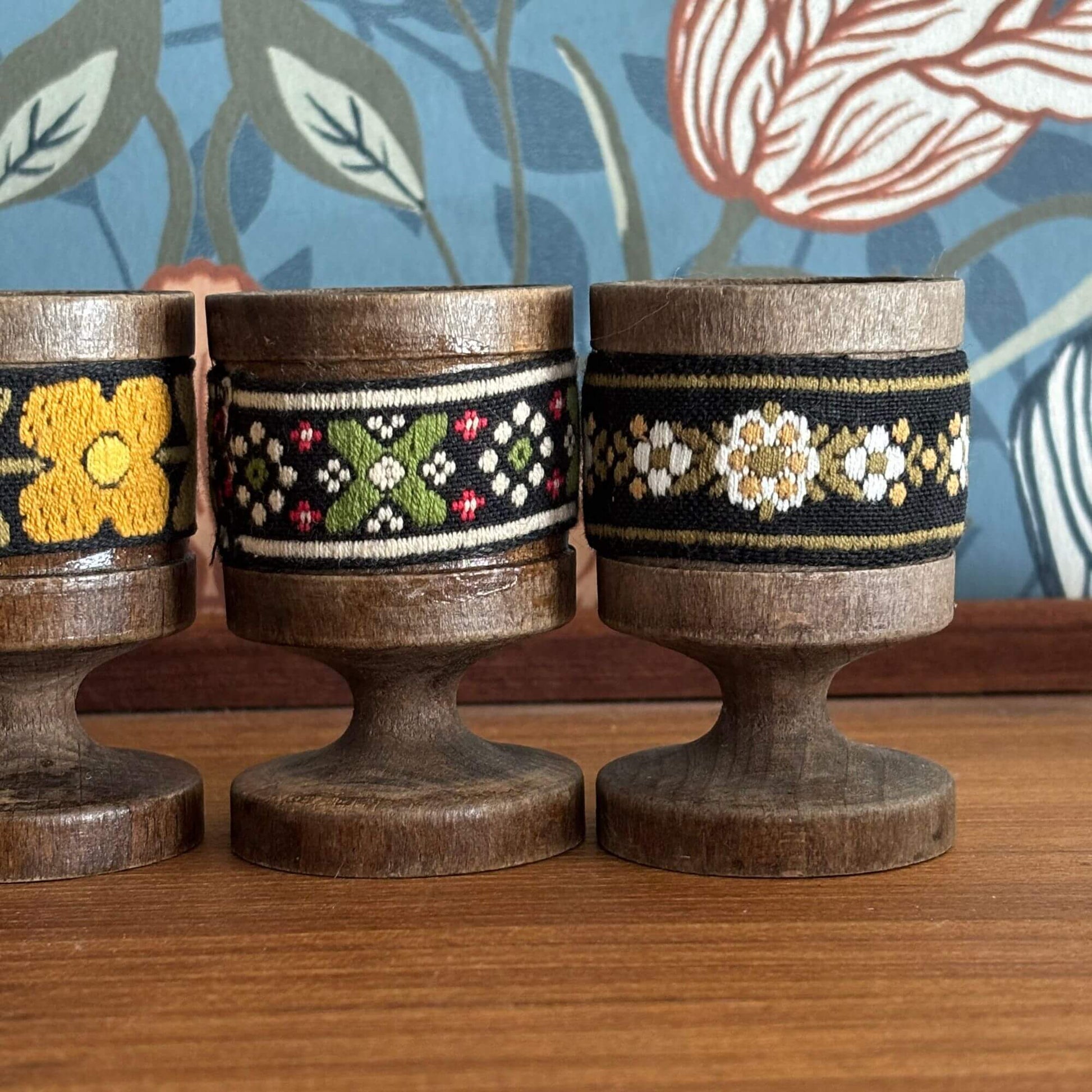 Vintage Tiroler Webkunst Austrian Wooden Egg Cup Holders Set of 4 image 4