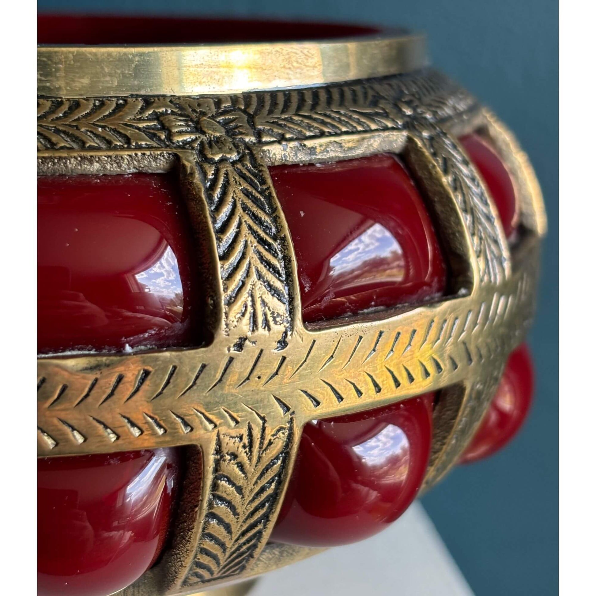 Stunning Vintage Ruby Red Bubble Glass Brass Jar image 3