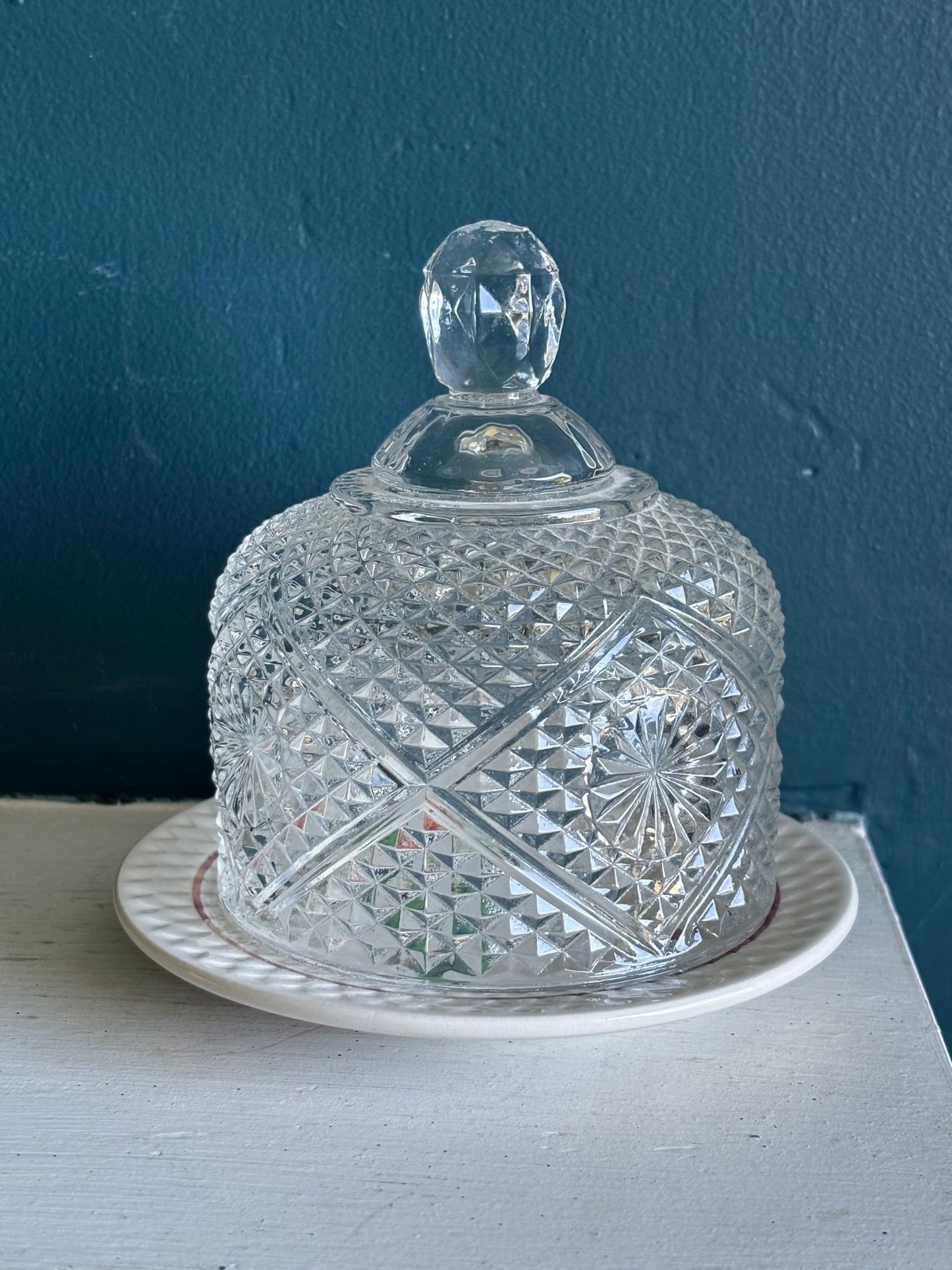 Charming Diamond Cut Glass Butter Cloche w/ Foral Plate