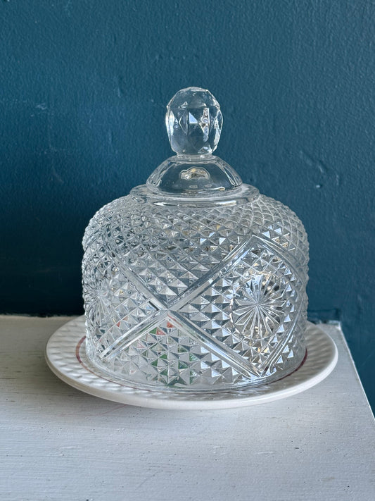 Charming Diamond Cut Glass Butter Cloche w/ Foral Plate