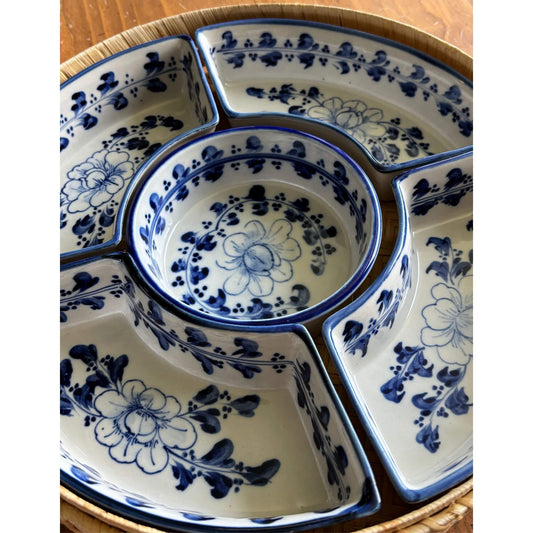 Vintage Blue & White Stoneware Dishes Rattan Wicker Tray image 0