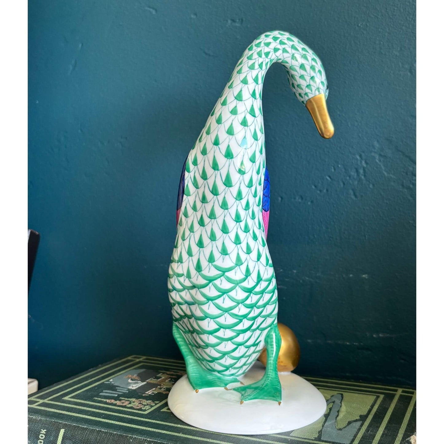 Large Herend Green Fishnet Goose figurine with Golden Egg 7.5" image 4