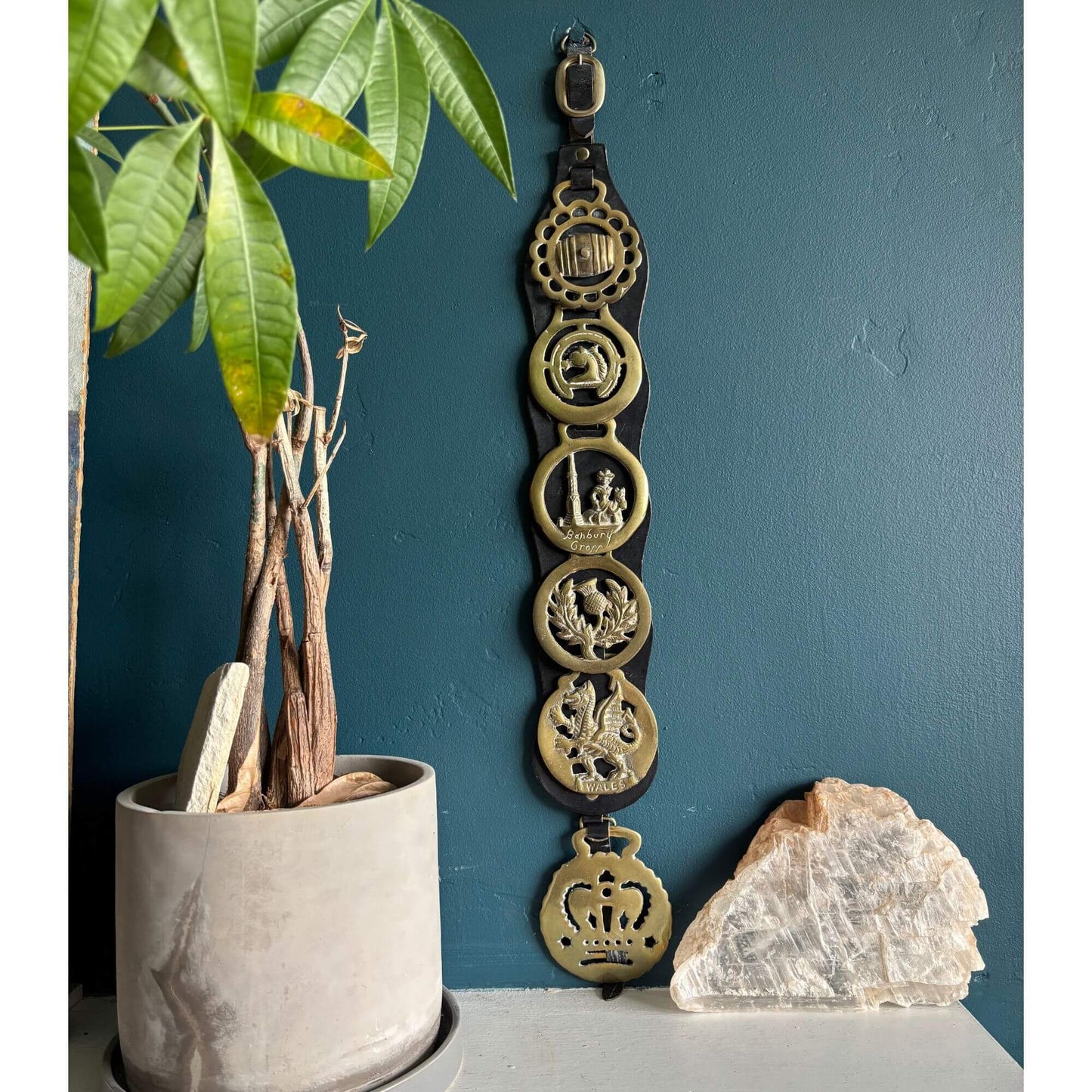 Vintage English Brass Horse Medallions on Leather Strap image 0