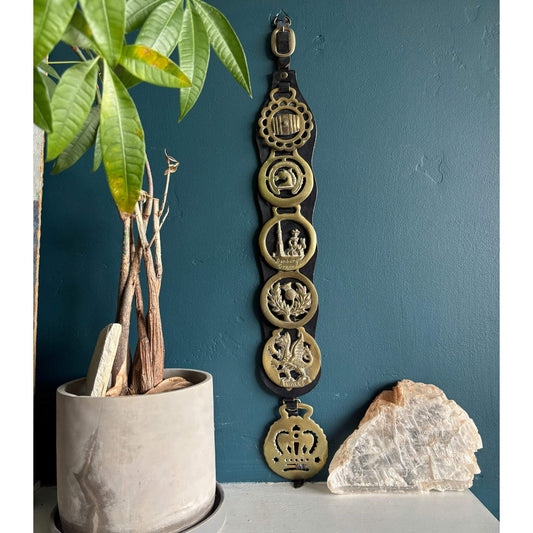Vintage English Brass Horse Medallions on Leather Strap image 0