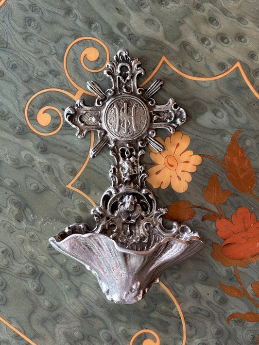 Vintage Pewter Holy Water Font Rococo Style