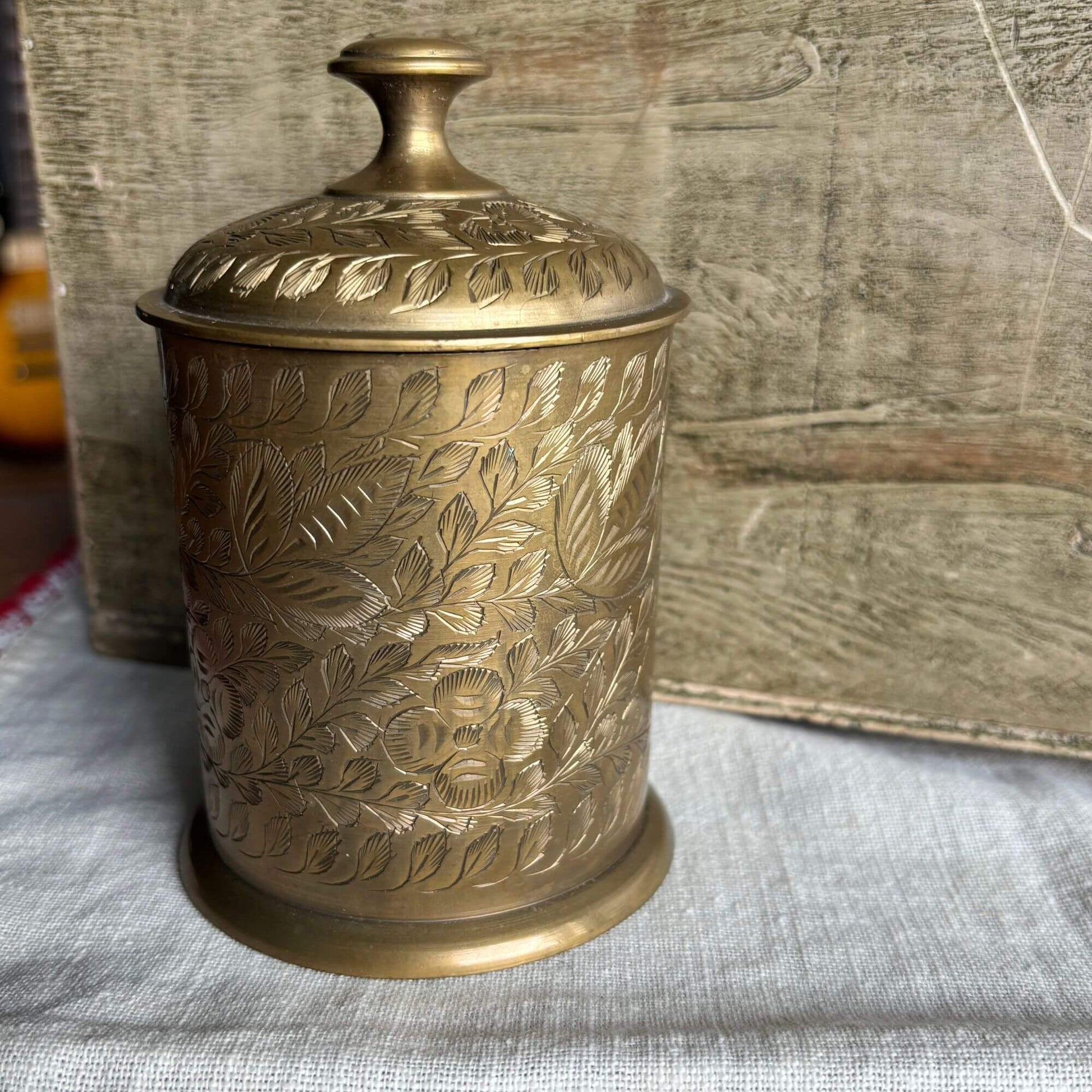 Beautiful Vintage Etched Brass Jar with Lid image 0