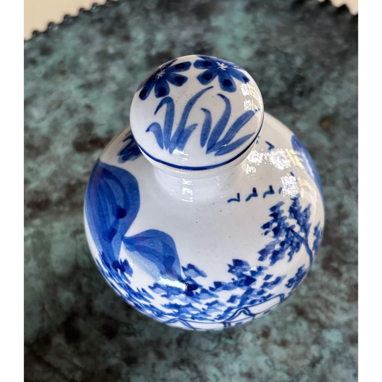 Vintage Blue & White Porcelain Bulbous Jar with Stopper image 2