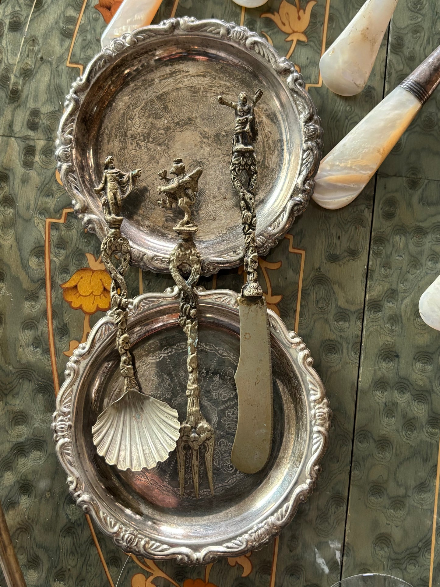 Ornate Figural Trio Small Spoon Knife Fork Utensils Charcuterie