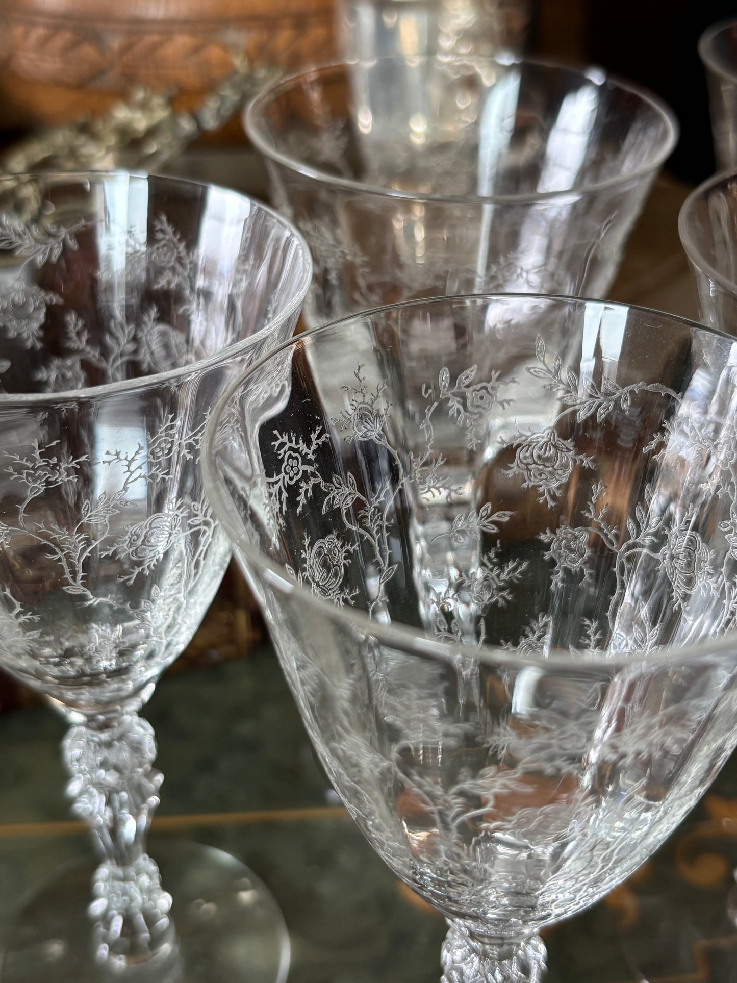 Fostoria Crystal Fluted Stemware Claret Glasses Chintz Pattern