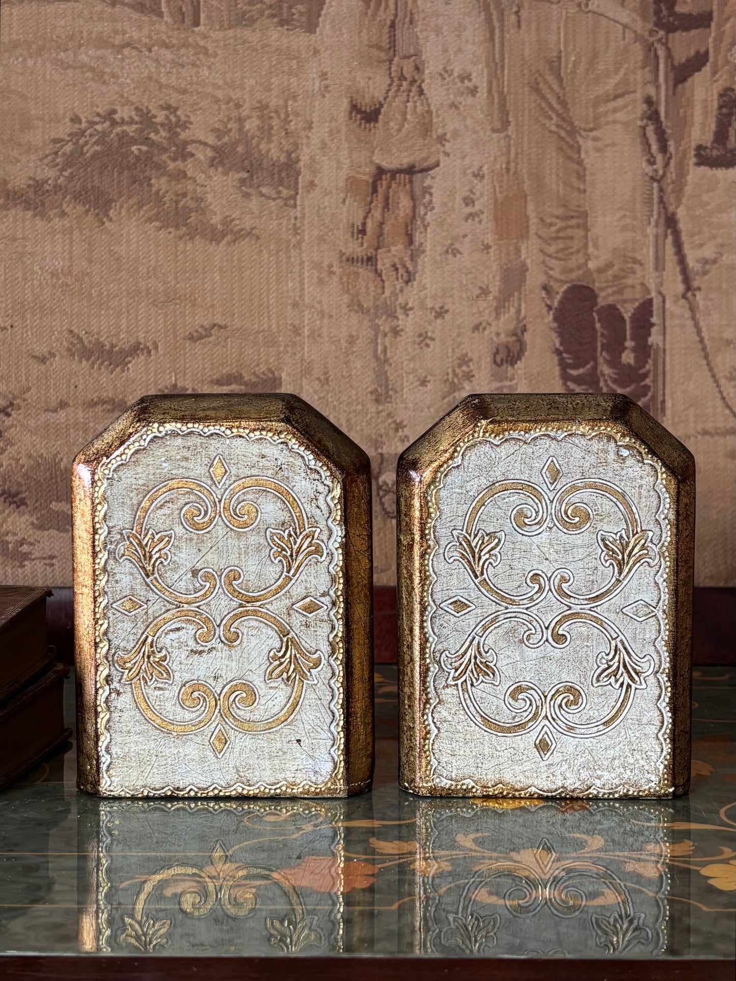 Vintage Italian Florentine Gold & Cream Bookends