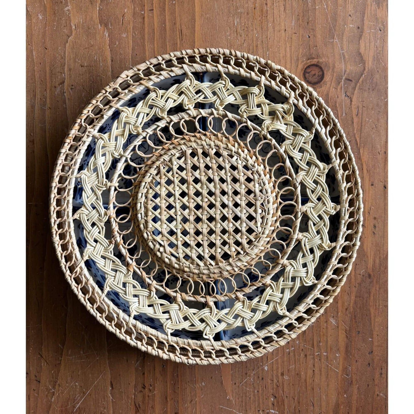 Vintage Blue & White Stoneware Dishes Rattan Wicker Tray image 3