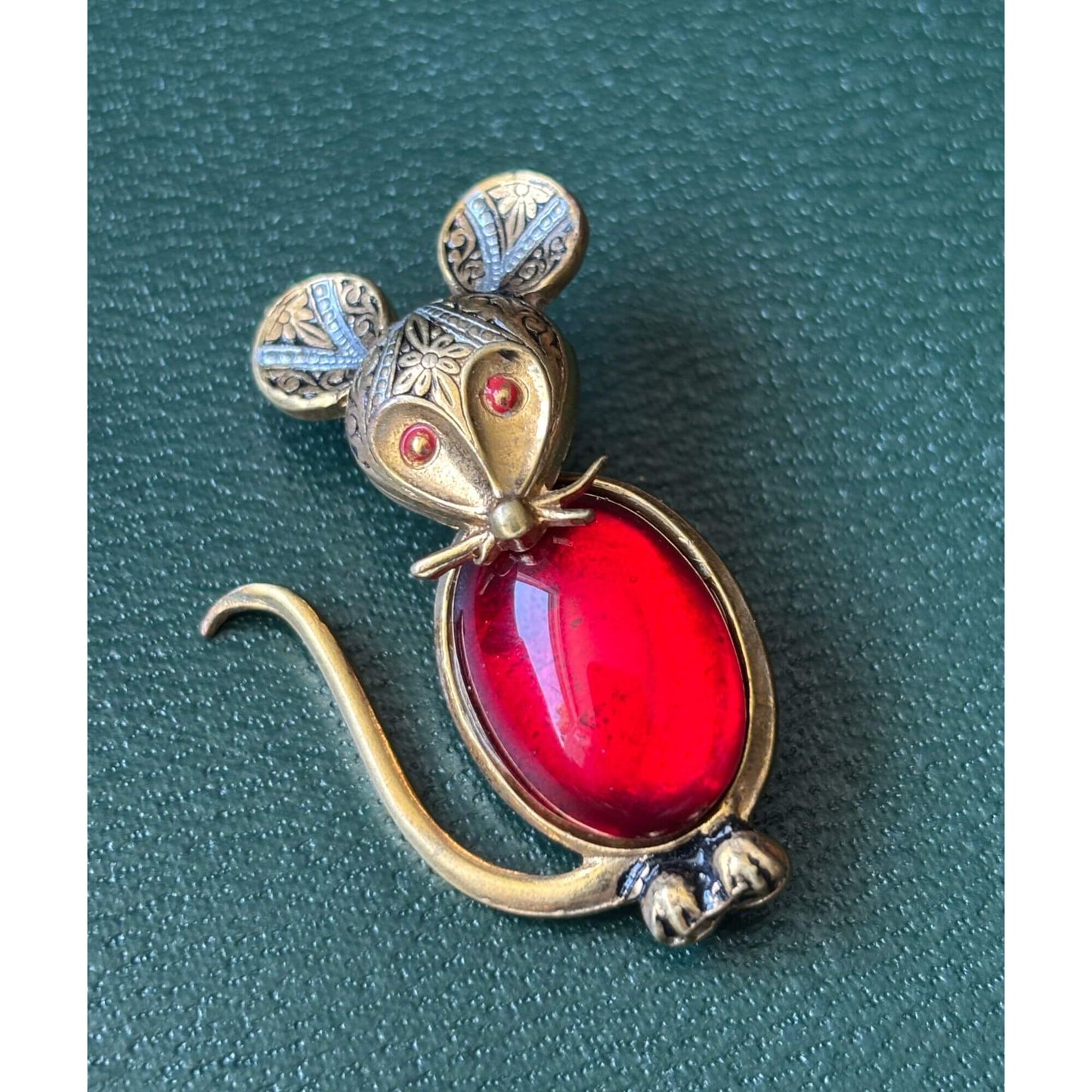 Vintage Adorable Damascene Red Jelly Belly Mouse Brooch image 0