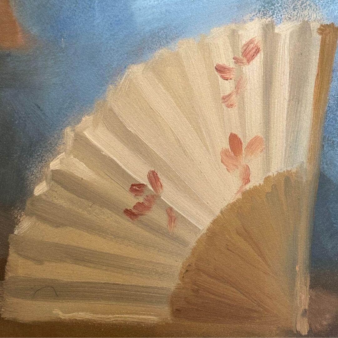 Vintage Signed Oil Painting Woman in Blue Kimono Red Obi image 1