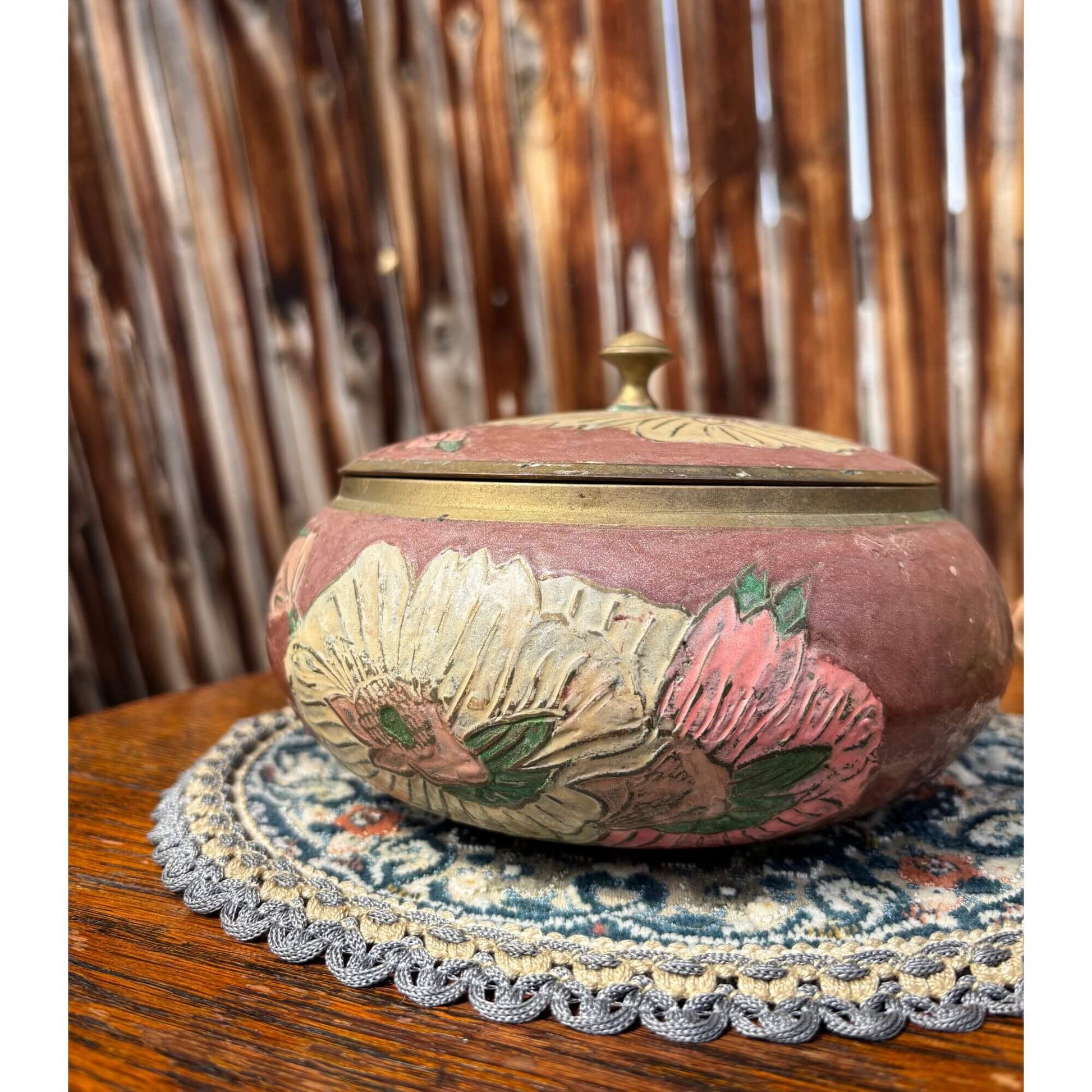 Vintage Brass Floral Enamel Mauve Jar image 1