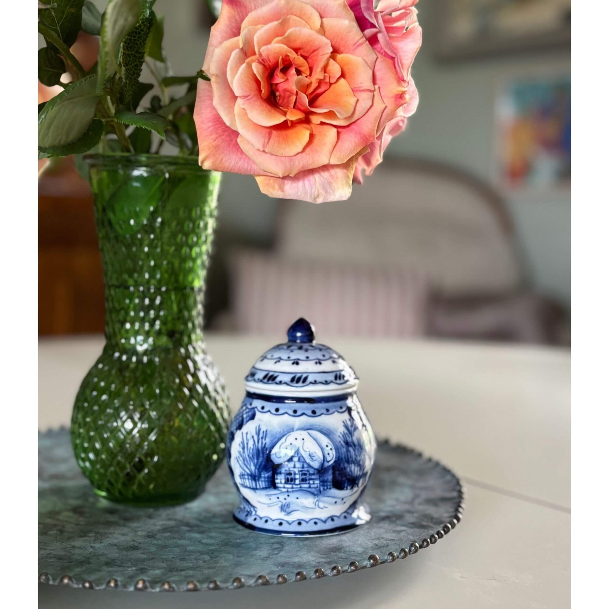 Vintage Russian Blue & White Jar with Snowy House image 1