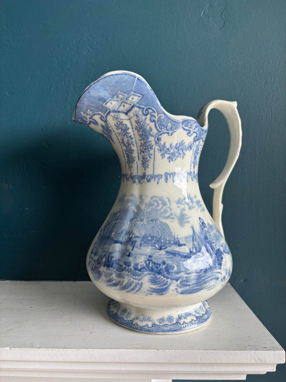 Large & Elegant Blue & White Transferware English Wash Pitcher