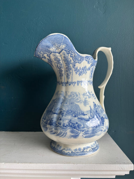 Large & Elegant Blue & White Transferware English Wash Pitcher