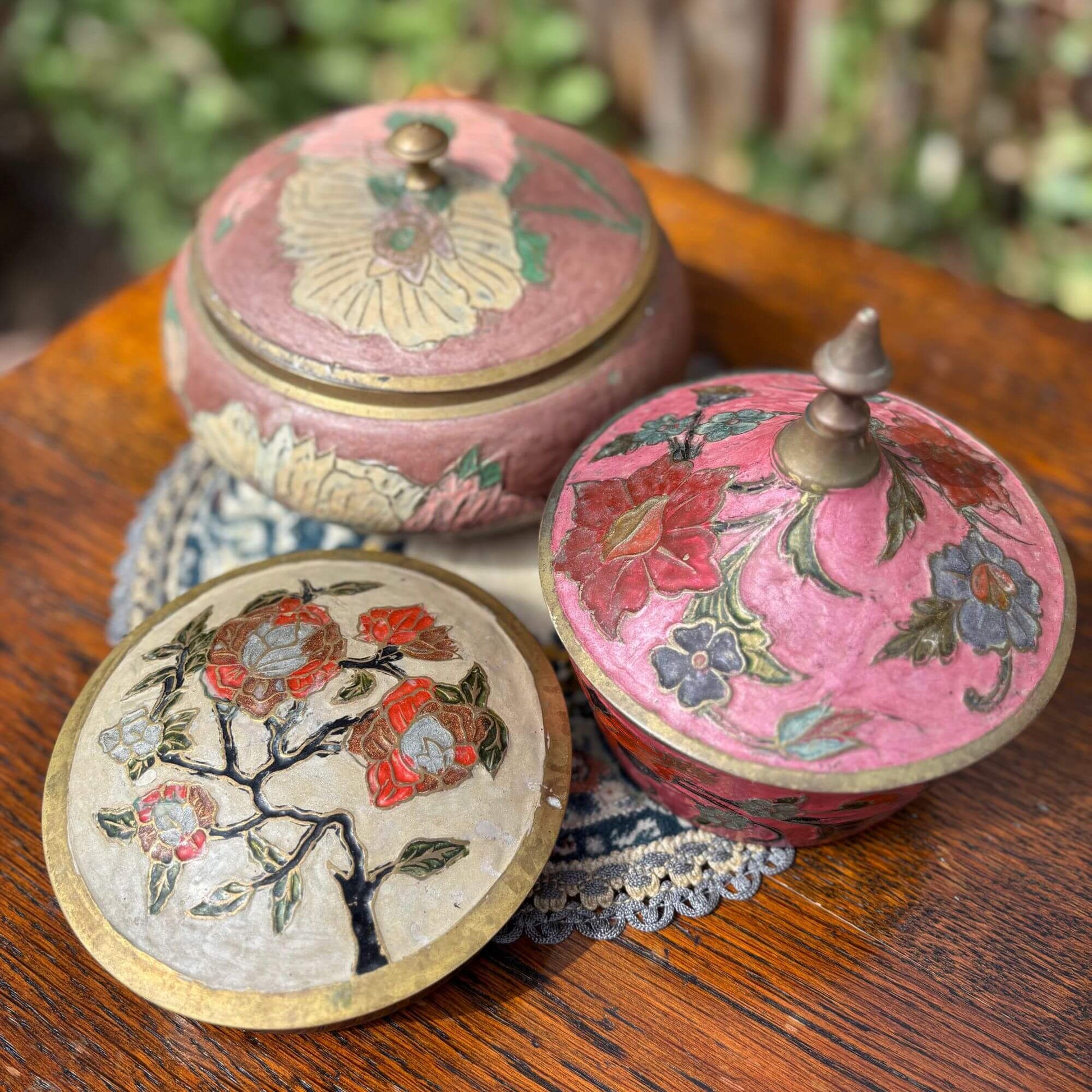 Vintage Brass Floral Enamel Bisque Beige Jar image 3