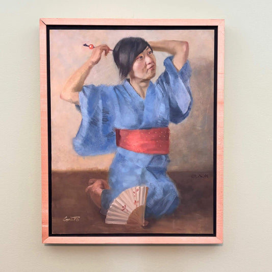 Vintage Signed Oil Painting Woman in Blue Kimono Red Obi image 0