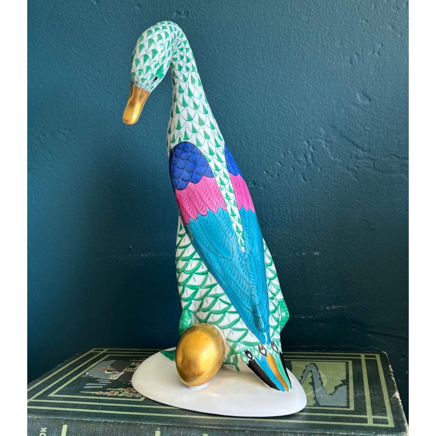 Large Herend Green Fishnet Goose figurine with Golden Egg 7.5" image 1